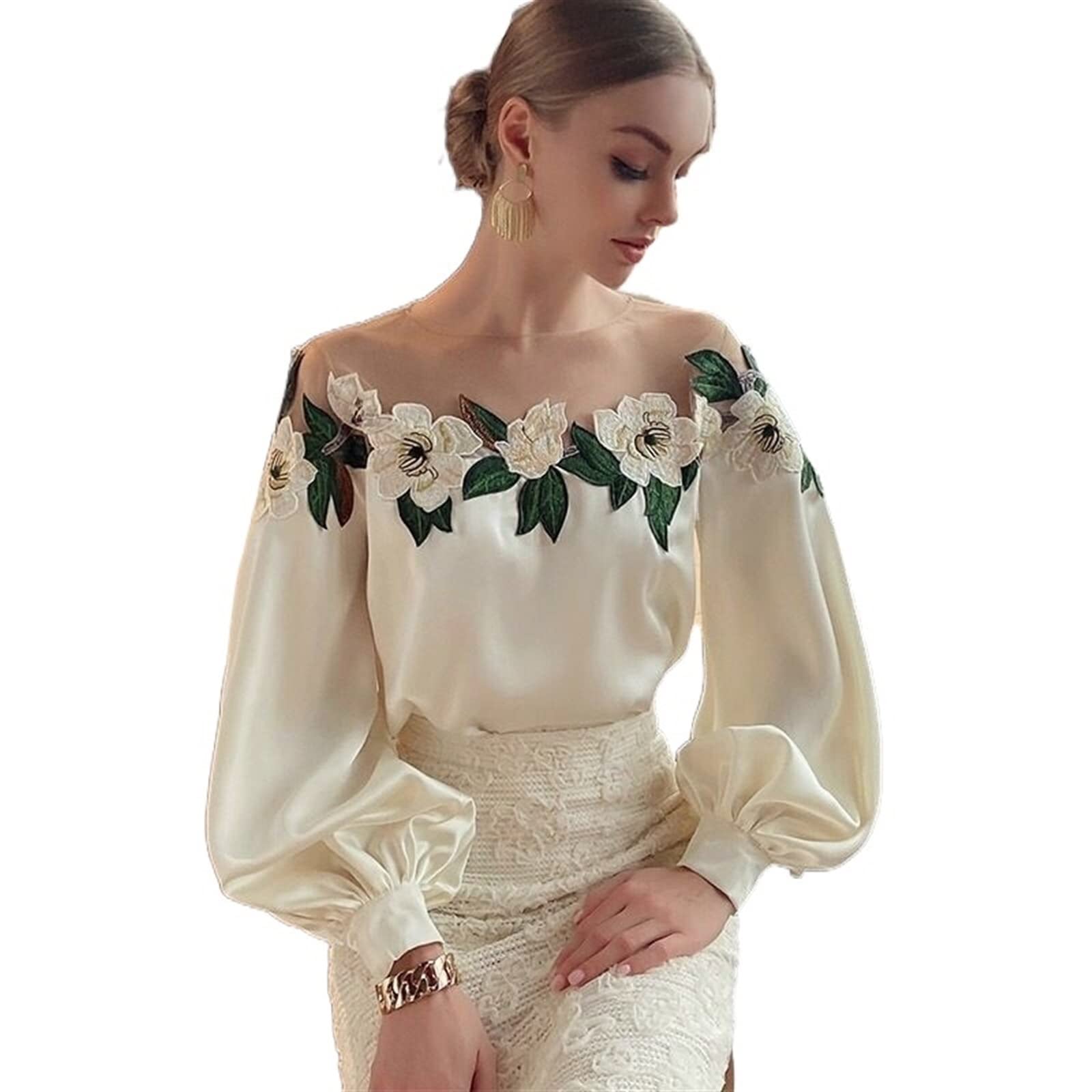 トップス Sheller 3D flower X embroidery blouse Womens 3D Flowers Ruffles Stand Collar Long Puff Sleeve Shirt